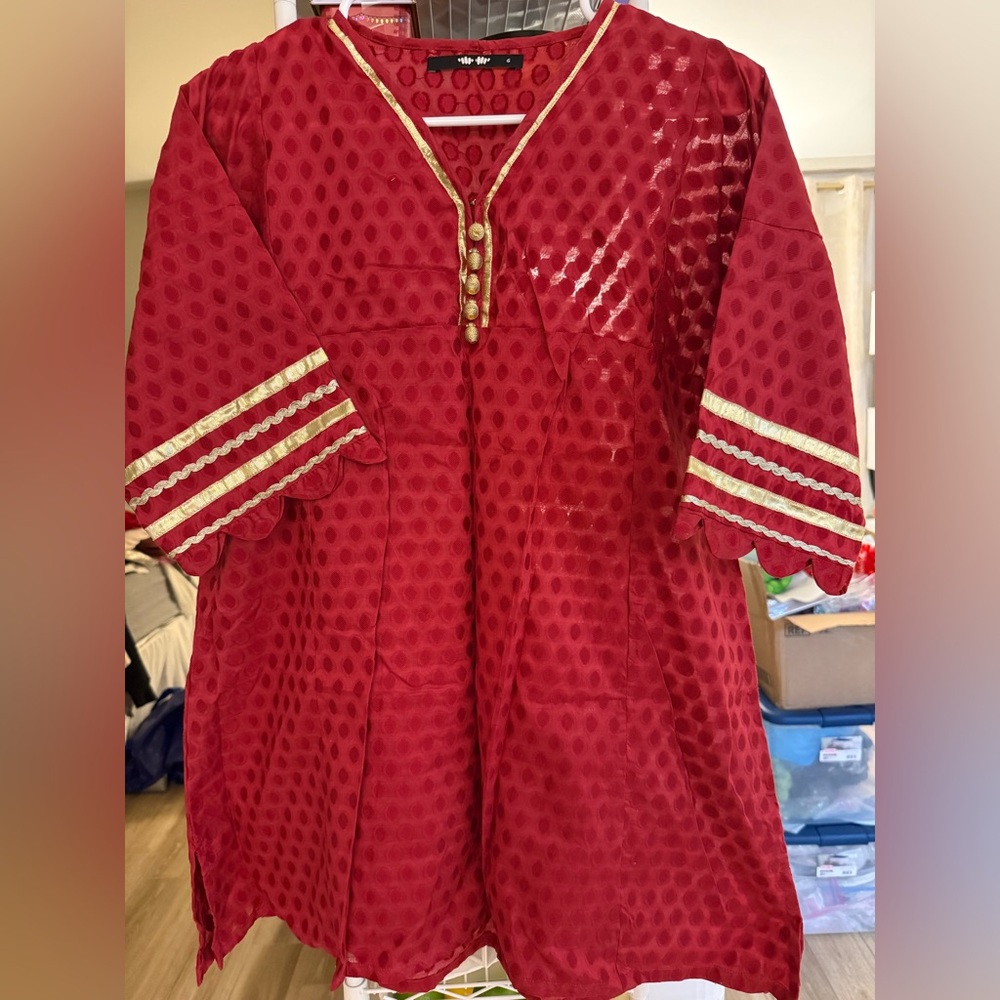 Women's Red Tunic Blouse with Gold Trim